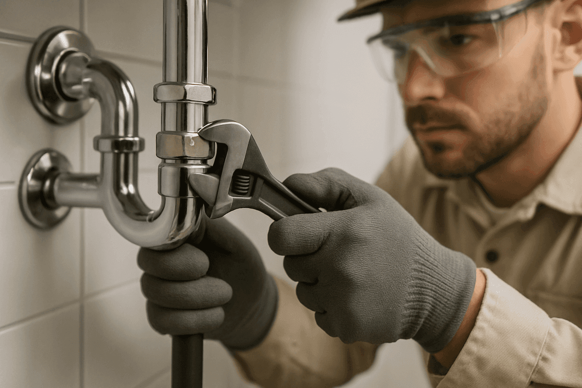 Close-up of plumber’s gloved hands tightening pipe fitting with wrench in modern plumbing setup