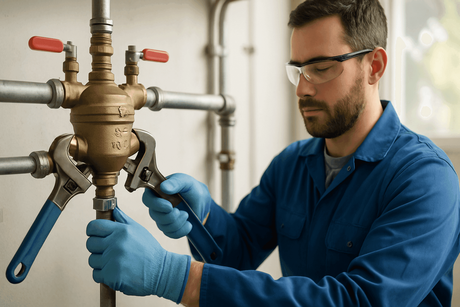 Plumber installing backflow prevention device on main water line