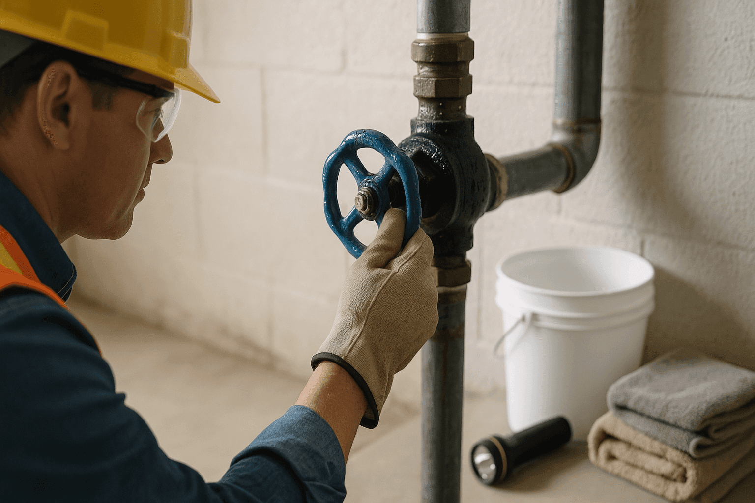 Homeowner shutting off main water valve during plumbing emergency