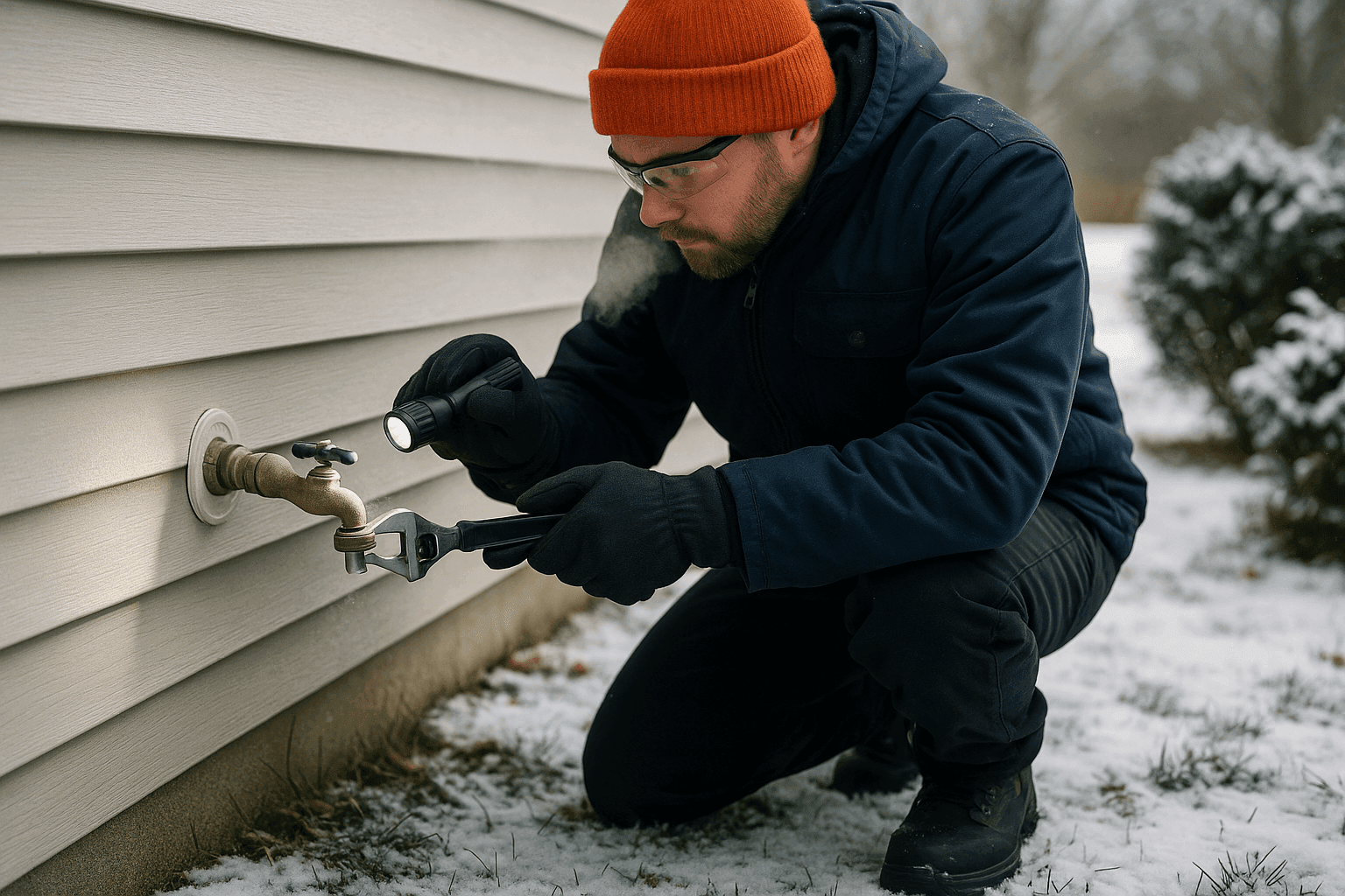 Plumber inspecting outdoor faucet in winter attire