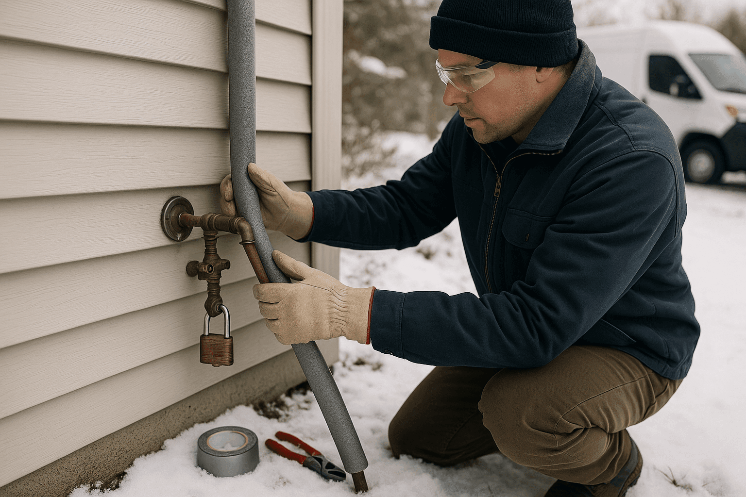 Homeowner insulating outdoor plumbing pipes to prevent freezing during winter
