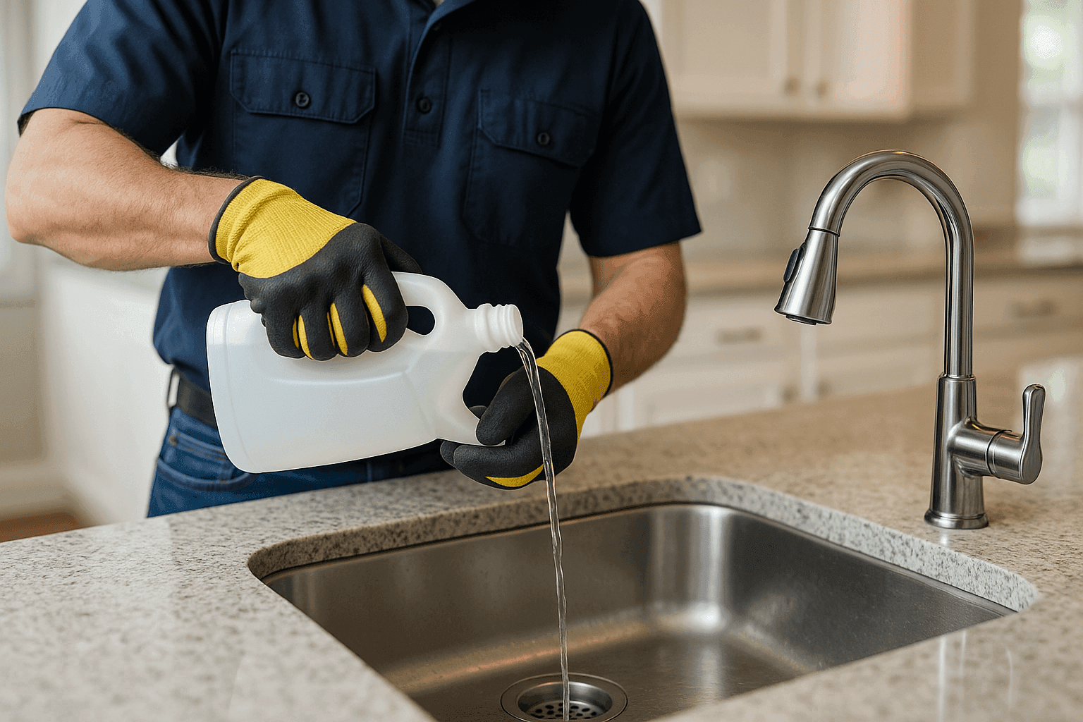 Plumber demonstrating safe drain cleaning in a modern kitchen sink