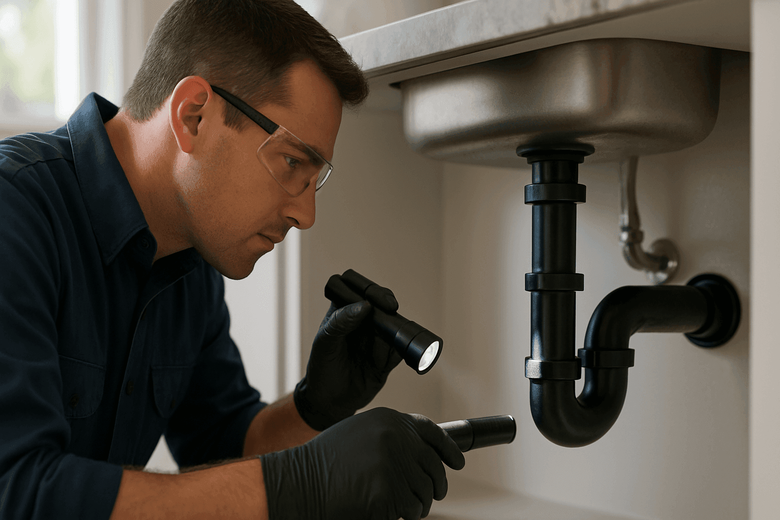 Technician inspecting pipes under kitchen sink for potential leaks