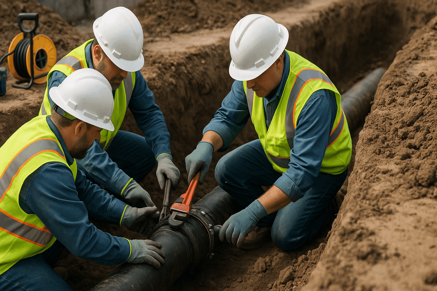 Crew repairing underground sewer line in trench